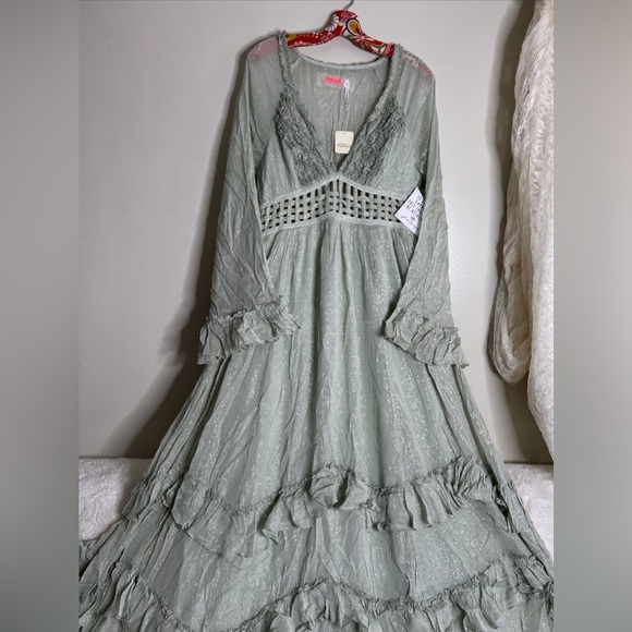 Free People Seraphina Metallic Ruffles Lattice Cutouts Maxi Dress - Picture 5 of 8